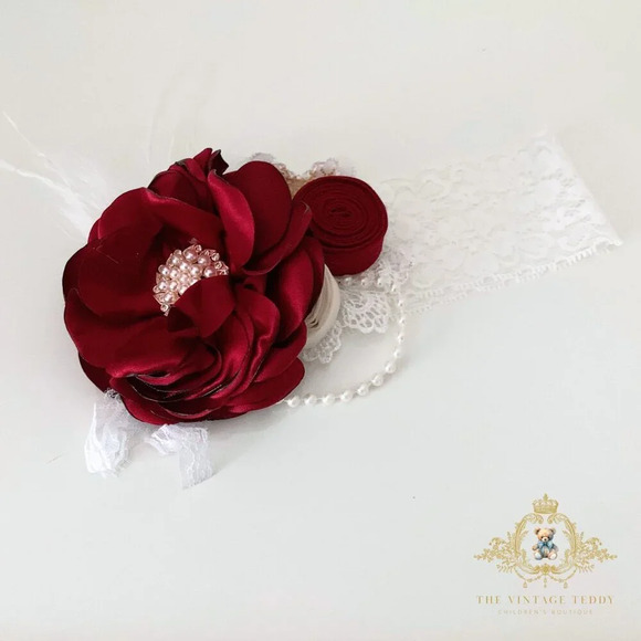 NWT Pretty Vintage Inspired Girls Headband Floral Beaded Lace Crimson Red OS - Picture 4 of 5